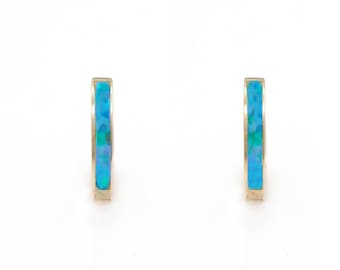 Real 14K Yellow / White Gold Green Opal Earrings Hoop Huggies