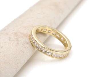 3.00 TCW Princess Created Diamonds Eternity Channel Ring 925 Sterling Silver Yellow gold Tone
