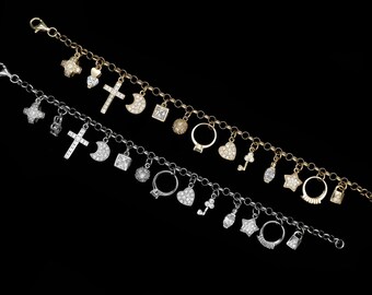 Created Diamond Fancy Charms Bracelet 925 Sterling Silver
