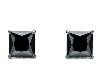 7mm Princess Black Created Diamond Square Stud Earrings 925 Sterling SIlver 4ct