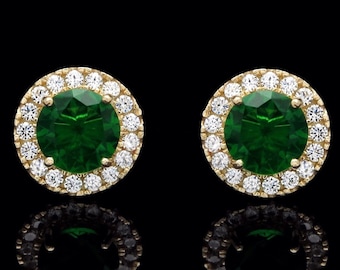 1.50CT Halo Created Green Emerald Diamond Stud Round Earrings 14k Yellow Gold or 14k White Gold