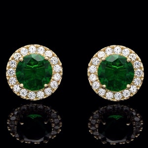 1.50CT Halo Created Green Emerald Diamond Stud Round Earrings 14k Yellow Gold or 14k White Gold