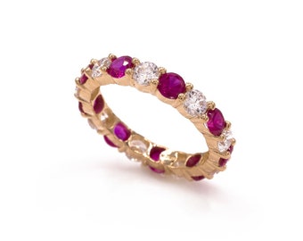 2.50-3.50ct Brilliant Created Diamond & Ruby Full Eternity Ring Solid 14k Yellow Gold Band