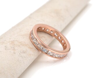 3.00 TCW Princess Created Diamonds Eternity Channel Ring 925 Sterling Silver Rose gold Tone