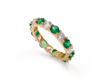 2.50-3.50ct Brilliant Created Diamond & Emerald Full Eternity Ring Solid 14k Yellow Gold Band