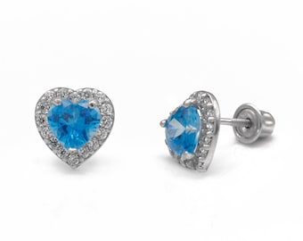 0.76CT Heart Cut Red Ruby Created Diamond Halo Earrings Studs Solid 14K Yellow / White Gold, mini Screw back