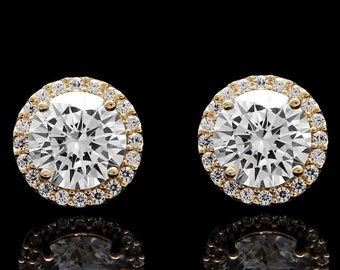 1.50CT Meghan Royal Wedding Brilliant Created Diamond Gemstone Halo Stud Earrings 14k Yellow / White Gold Round Cut
