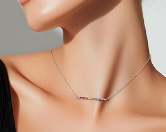 Rainbow Created Diamond Bar Necklace, 925 Sterling Silver Pendant, 18" Chain, 30mm x 1.6mm