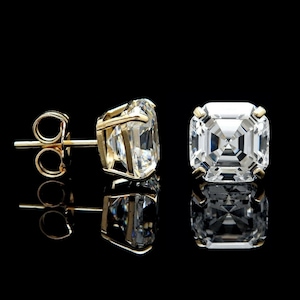 Asscher Cut Moissanite Earrings 1.42 -6.00 ct. T.W. Diamond 14k Gold Solitaire Studs, Push-back, for women, for men, gift, minimalist