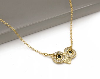 0.25ct Created Diamond Owl Pendant Sterling Silver 925 Necklace 16" - 18" Pendant with Chain Silver Tone / Yellow Gold Tone