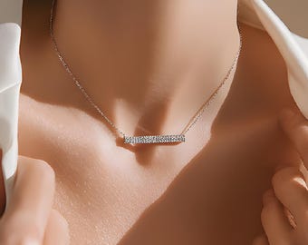 Pave Created Diamond Bar Necklace, Sterling Silver 925 Pendant, Adjustable Chain, 33mm x 5mm