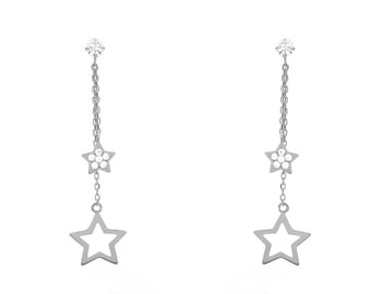 0.12 ct Star with Oval Cable Chain Earrings Designer Style Created Diamond Studs 14k Yellow or White Gold