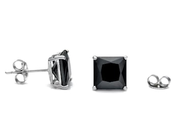 5mm Princess Black Created Diamond Square Earrings 925 Sterling Silver 1.50ct