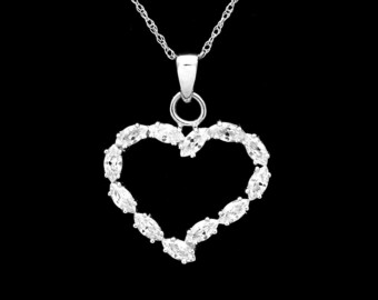1CT Marquise Created Diamond Open Heart Pendant 14K Solid Yellow or White Gold Charm