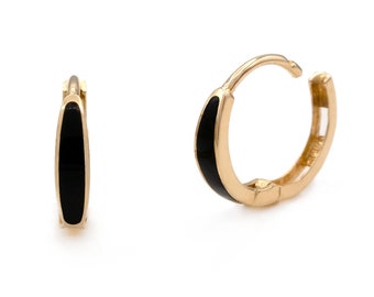 Real 14K Yellow / White Gold BlackOpal Earrings Hoop Huggies