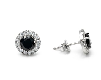 1.50tcw Halo Created Black & Clear Diamond Round Earrings 925 Sterling Silver
