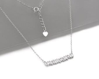 0.75ct Fireworks Baguette Created Gemstone 925 Sterling Silver Bar Necklace 16" - 18" Pendant with Chain Silver Tone