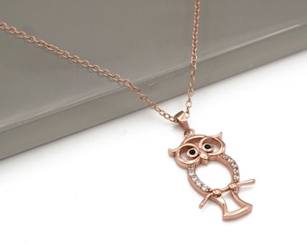 0.22ct Created Diamond Owl Pendant Sterling Silver Necklace Chain Silver Tone / Rose Gold Tone