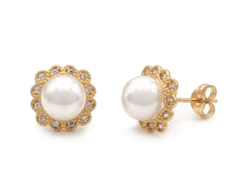 0.06CT Brilliant Created Diamond & Pearl Earrings 14k Yellow Gold Flower Studs, Puch-Back