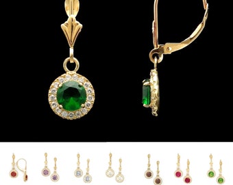 14K Yellow or White Gold 1.00ct t.w Round Halo Created Gemstone and Diamond Leverback Dangle Earrings