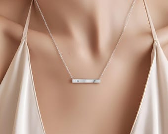Created Diamond Bar Pendant, Sterling Silver Necklace, Adjustable Chain, 33mm x 4.5mm
