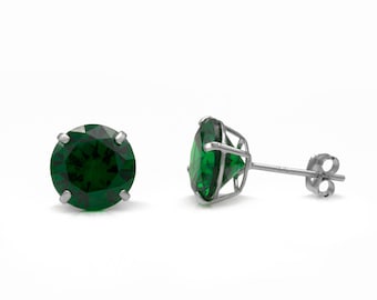 2.56 CT Created Green Emerald or Blue Sapphire Earrings 14K Real Yellow or White Gold Round Solitaire Basket Studs, Push back
