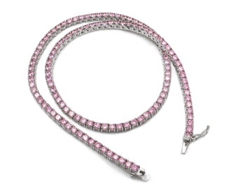 Tennis Chain Necklace 3mm / 4mm 13.75-78.00TCW Round Created Pink Diamond 925 Solid Sterling Silver