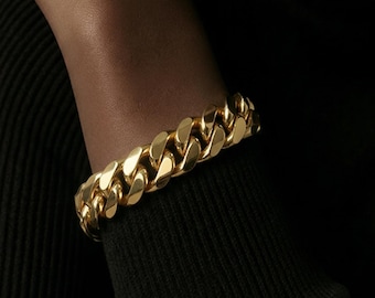 14k Gold Plated Miami Cuban Bracelet, Solid 925 Sterling Silver Box Clasp, 6mm, 8mm, 9mm, 12mm, 15mm