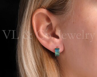 Opal Earrings 14K Yellow Gold Solid Gold 3-Row Inlay Huggie Hoops Blue/Green/Red/Pink/Purple