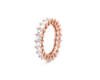 4.00 TCW Princess Created Diamonds Eternity Prong Ring 925 Sterling Silver Rose Gold Tone