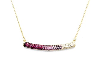 1.00ct Multi-Color Ruby - Tourmaline Created Gemstone Pave 925 Sterling Silver Bar Necklace 16" - 18" Pendant with Chain Yellow Gold Tone