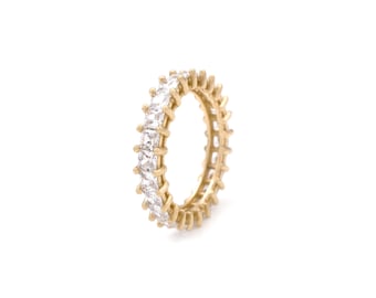 4.00 TCW Princess Created Diamonds Eternity Prong Ring 925 Sterling Silver Yellow Gold Tone