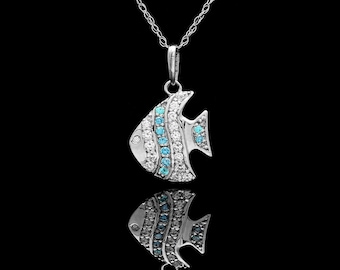 Fish Pendant 0. 22tcw Created Diamond Blue Topaz 14K White Gold Charm for Chain