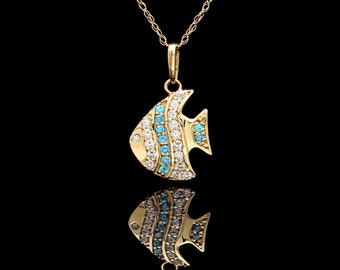 Fish Pendant 0. 22tcw Created Diamond Blue Topaz 14K Yellow Gold Charm for Chain