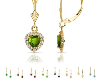 14K Yellow Gold 1.5ct Heart Gemstone Bezel Leverback Birthstone Dangle Earrings