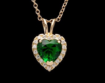 0.83CT Halo Created Diamond & Emerald Heart Pendant Solid 14k White Yellow Gold Charm