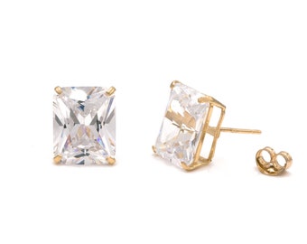 Moissanite Earrings VVS1 D color Diamond Radiant Cut Solitaire Studs Earrings Solid 14K Yellow or White Gold Basket Studs, Push-back