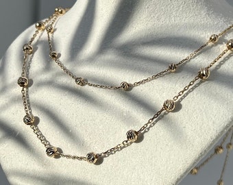 Diamond cut Ball Style Chain Station Necklace Solid 14K Yellow, White, Rose Gold, women, men, minimalist, classic, oval chain, beads jewelry