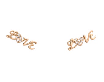 0.06 ct LOVE Designer Style Earrings Round cut Created Diamond Studs 14k Yellow or White Gold