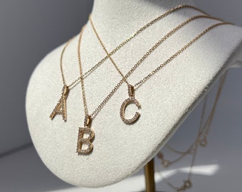 Initial Letter A-Z Pendant 14K Solid Gold 13-15mm Charm Created Diamond, for chain, for necklace, women, men, gift, minimalist