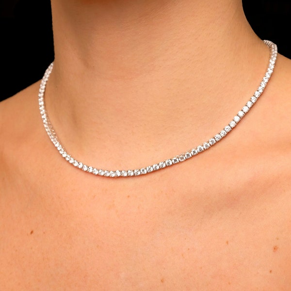 Diamond Tennis Necklace 3mm Round cut Created Diamond Real Solid Sterling Silver 925 Chain Iced Out silver choker, Bridal, for women