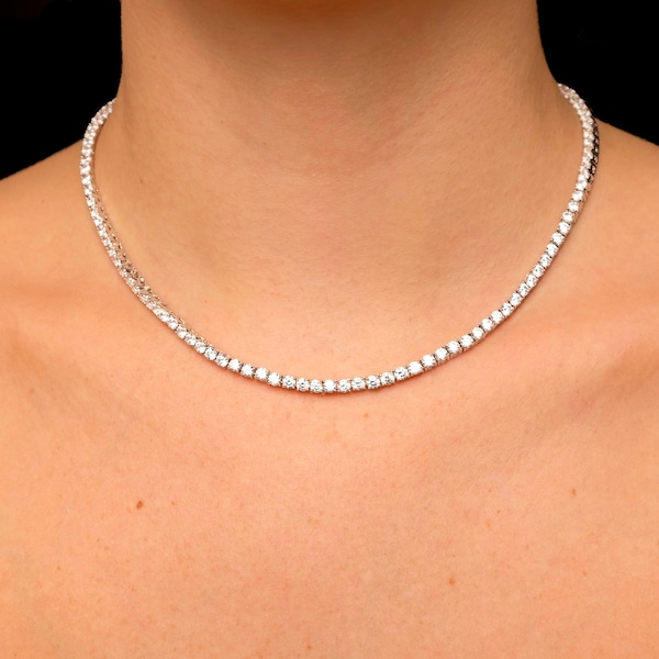 Collar de tenis 3mm 13.75-78.00TCW Diamante creado redondo 925 Cadena de plata de ley sólida, para hombres, para mujeres, gargantilla