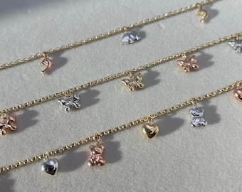 Charm Heart Teddy bear Butterfly Dolphine Elephant Lucky 14k Solid Yellow White Rose Gold Bracelet Chain, gift for her, baby, mom, sister