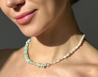 Natural Pearl and Amazonite Necklace Oval pearls Beaded choker with 14K Yellow / White Gold clasp and Rondelle gold Beads (optional)