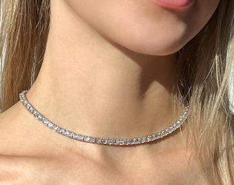 3mm Tennis Necklace 925 Sterling Silver | CZ Diamond Choker Necklace | Minimalist Tennis Chain | Bridal Jewelry Gift