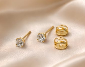 Natural Diamond 0.33 TCW Stud Earrings Round-cut Solitaire 14k Yellow / White / Rose Gold, Screw-back
