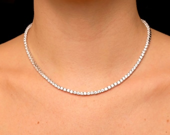 Tennis Necklace 3mm 13.75-78.00TCW Round Created Diamond 925 Solid Sterling Silver Chain, for men, for women, choker