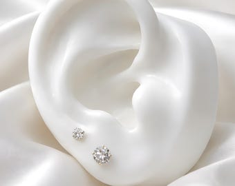 Moissanite Diamond Earring 2mm-6mm Round-cut Solitaire Stud 14k Yellow / White / Rose Gold, Flat-back, SINGLE