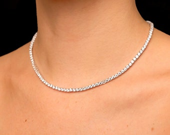 Diamond Tennis Necklace 3mm Round cut Created Diamond Real Solid Sterling Silver 925 Chain Iced Out silver choker, Bridal, for women