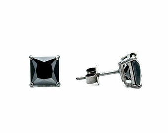 5mm Princess Black Created Diamond Square Earrings 925 Sterling Silver 1.42ct